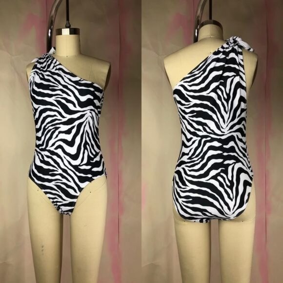 ASOS Motel Frances One Shoulder Zebra One Piece Swimsuit Bathing Suit - Picture 2 of 7